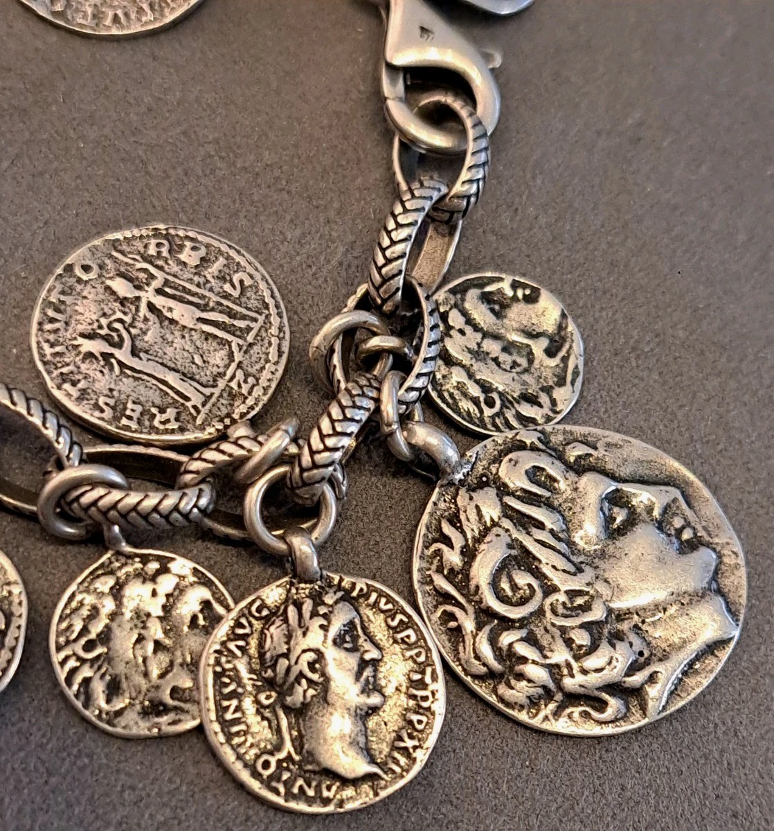Silpada Sterling Silver Roman Coin Cha Cha Charm Bracelet 8″ Adjustable 66 grams
