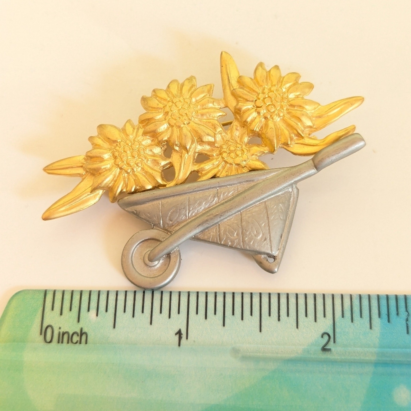 Vintage Estate Signed AAI Gardener Wheelbarrow Sunflowers Gardening Brooch