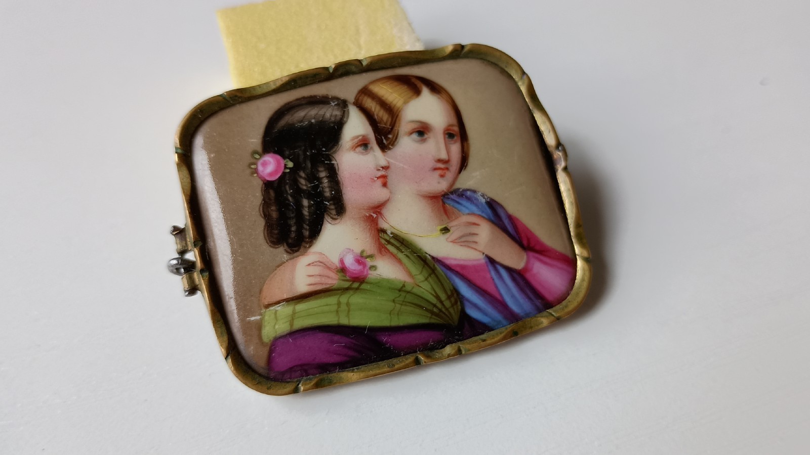Vintage Portrait Rectangle Gold Tone Brooch, Art Theme