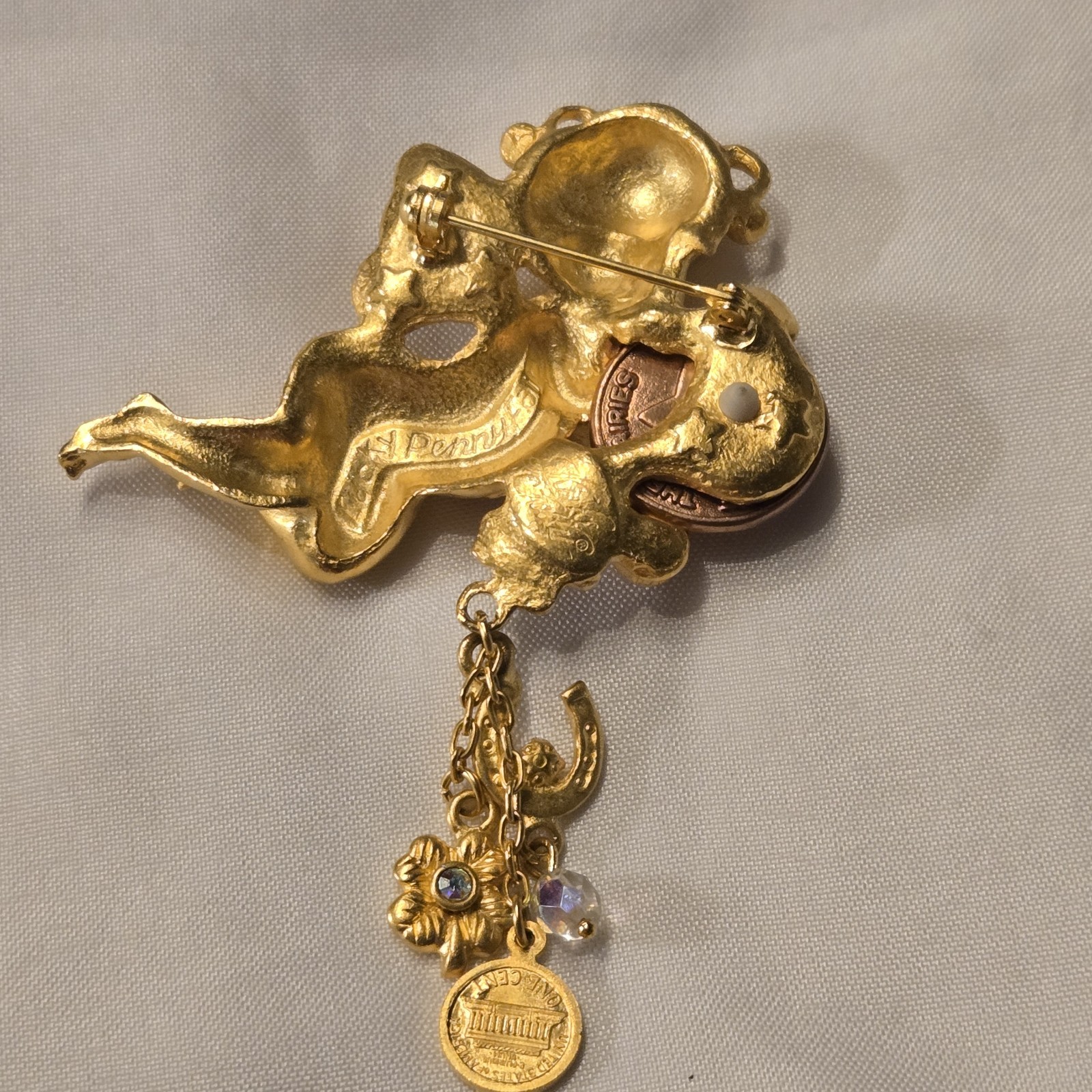 Vtg Kirks Folly Signed Lucky Penny Cherub Angel Rhinestone Gold Tone Brooch