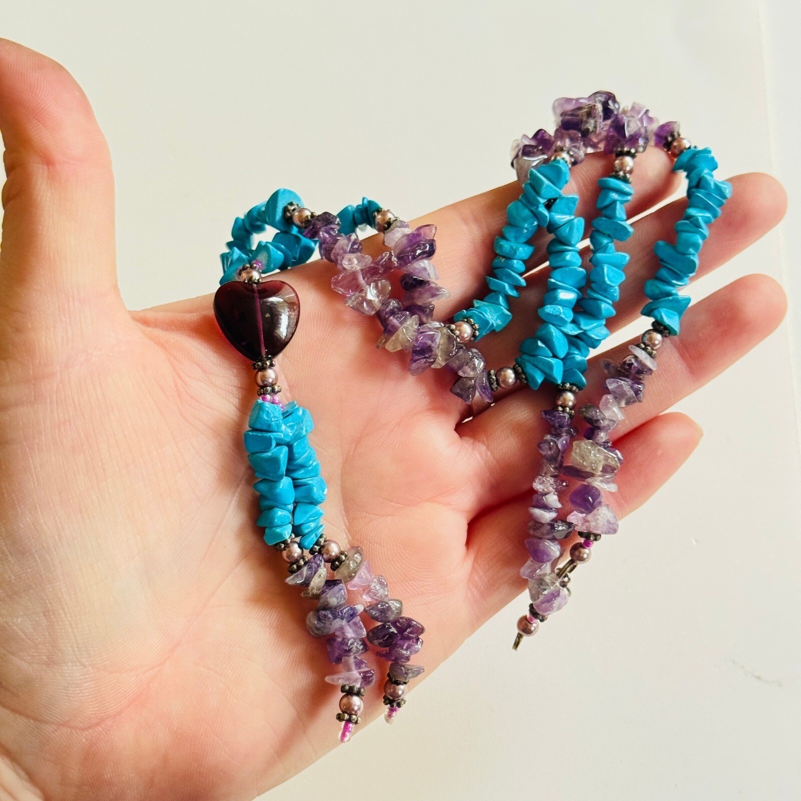 South Western Heart Boho Necklace VTG Blue Turquoise purple Amethyst Beads 21″