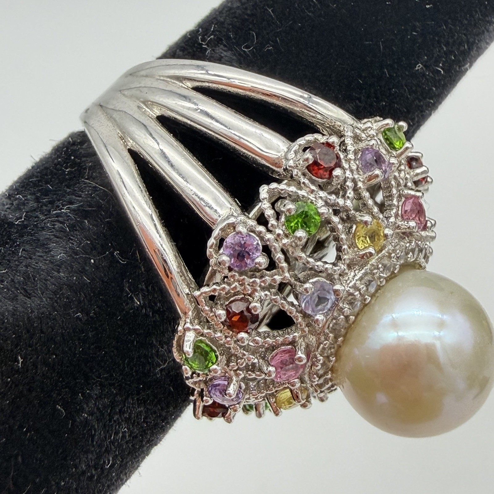 Vtg JZ Sterling Silver Pearl Gemstone Princess Ring Garnet Period Size 6 QVC