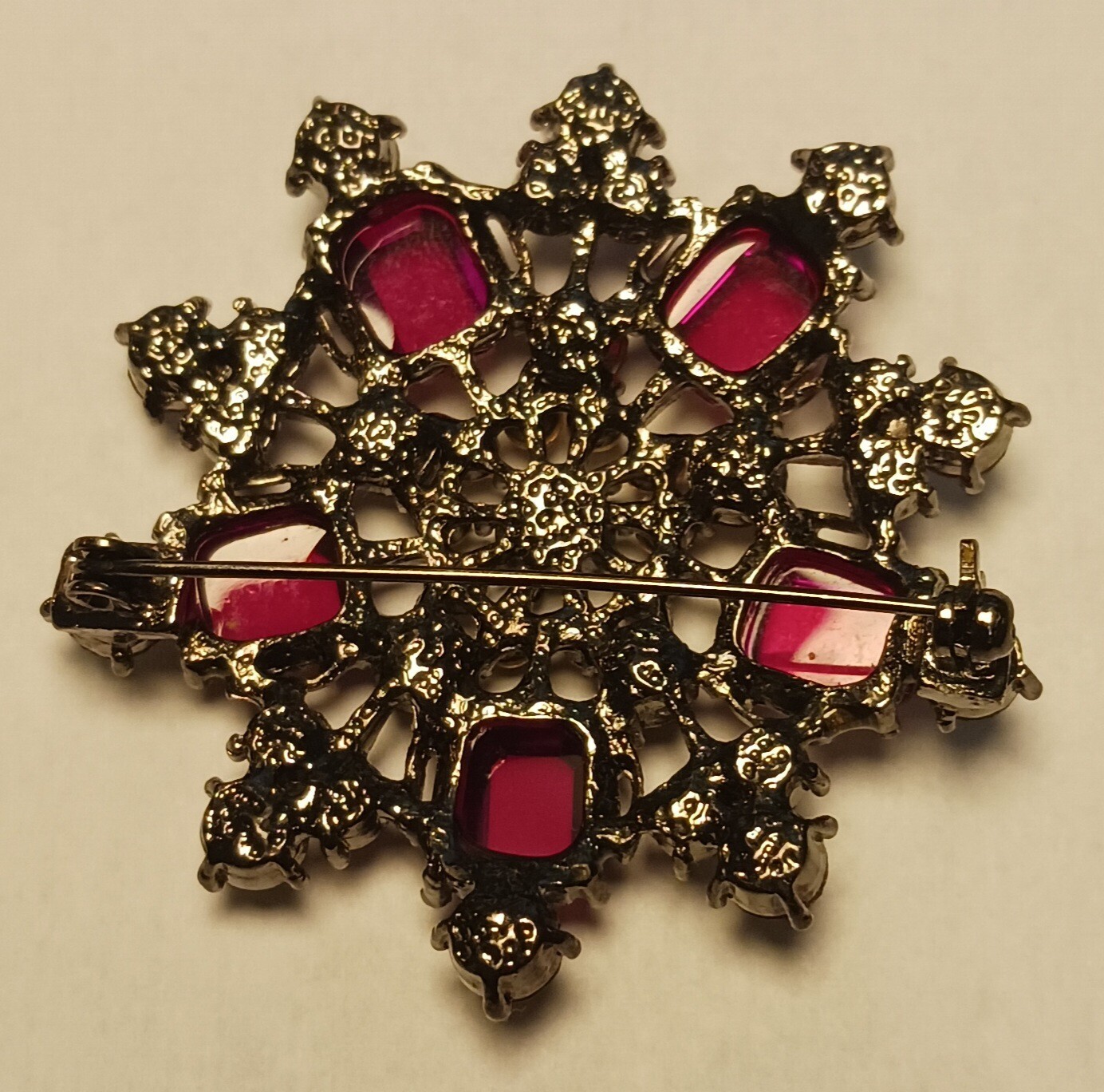 Vintage Brooch Red Square Round Rhinestones Crystal Rhinestones Dark Metal Base