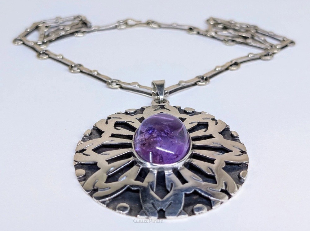 Large 2.88″ Vintage Native American Sterling Silver Cab Amethyst Pendant w Chain