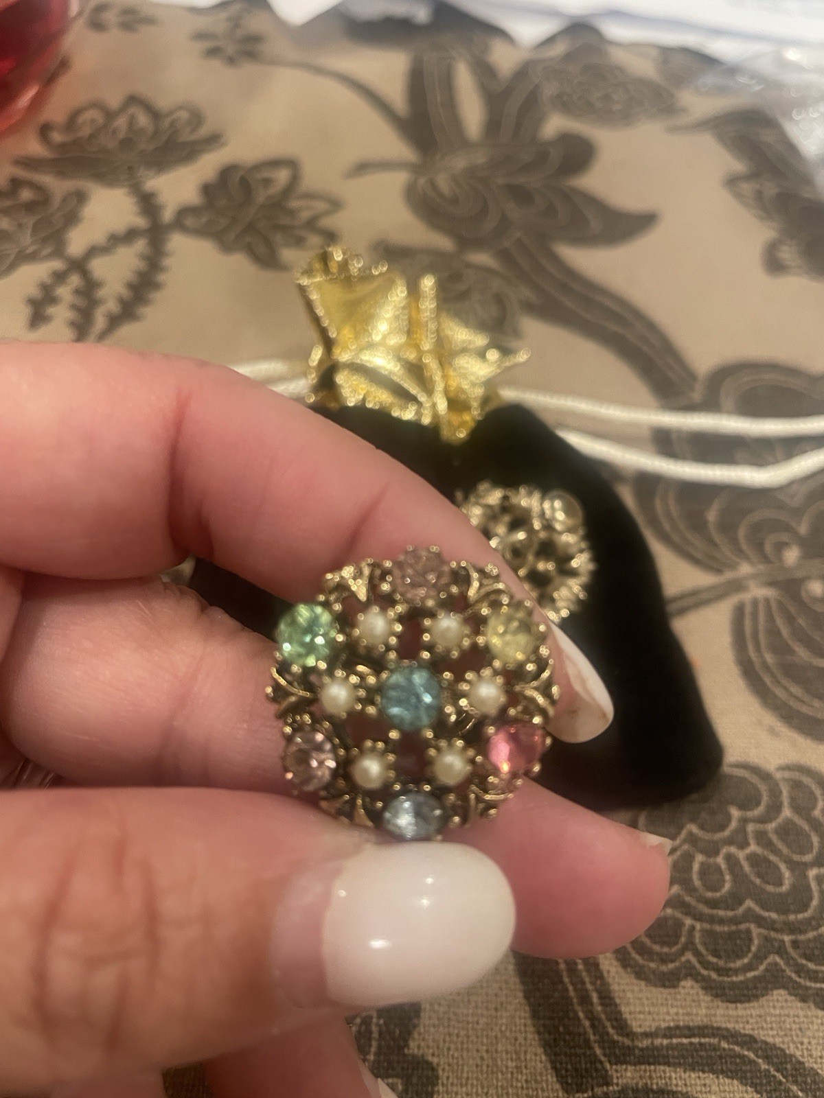 Vintage Multicolor Round Cluster Clip-On Earrings, Gold Tone Metal, Beaded