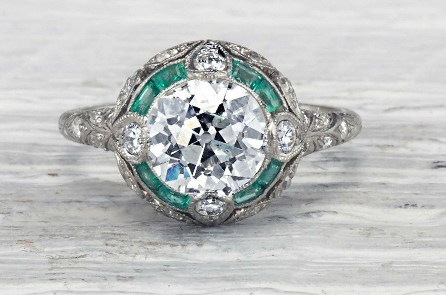 3.30Ct Round Cut CZ and Emerald Antique Art Deco Engagement Ring 925 Silver