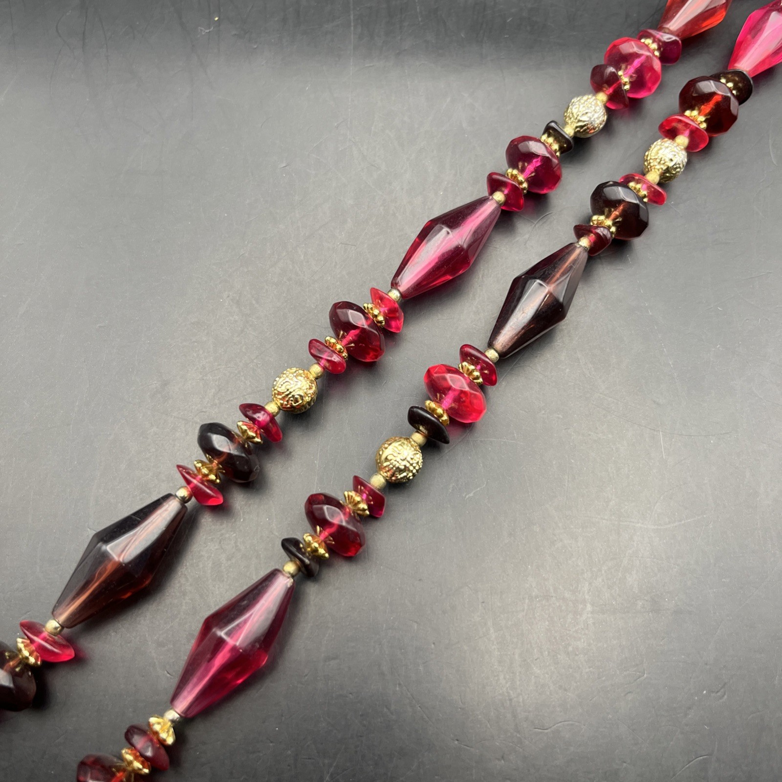 Pink Red Lucite Bead Necklace Long 30 Inch Purple Gold Tone Colorful Vintage