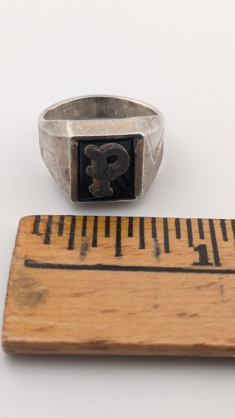 Vintage Signet Ring “P” Sterling Silver Black Onyx Letter P Size 5.5