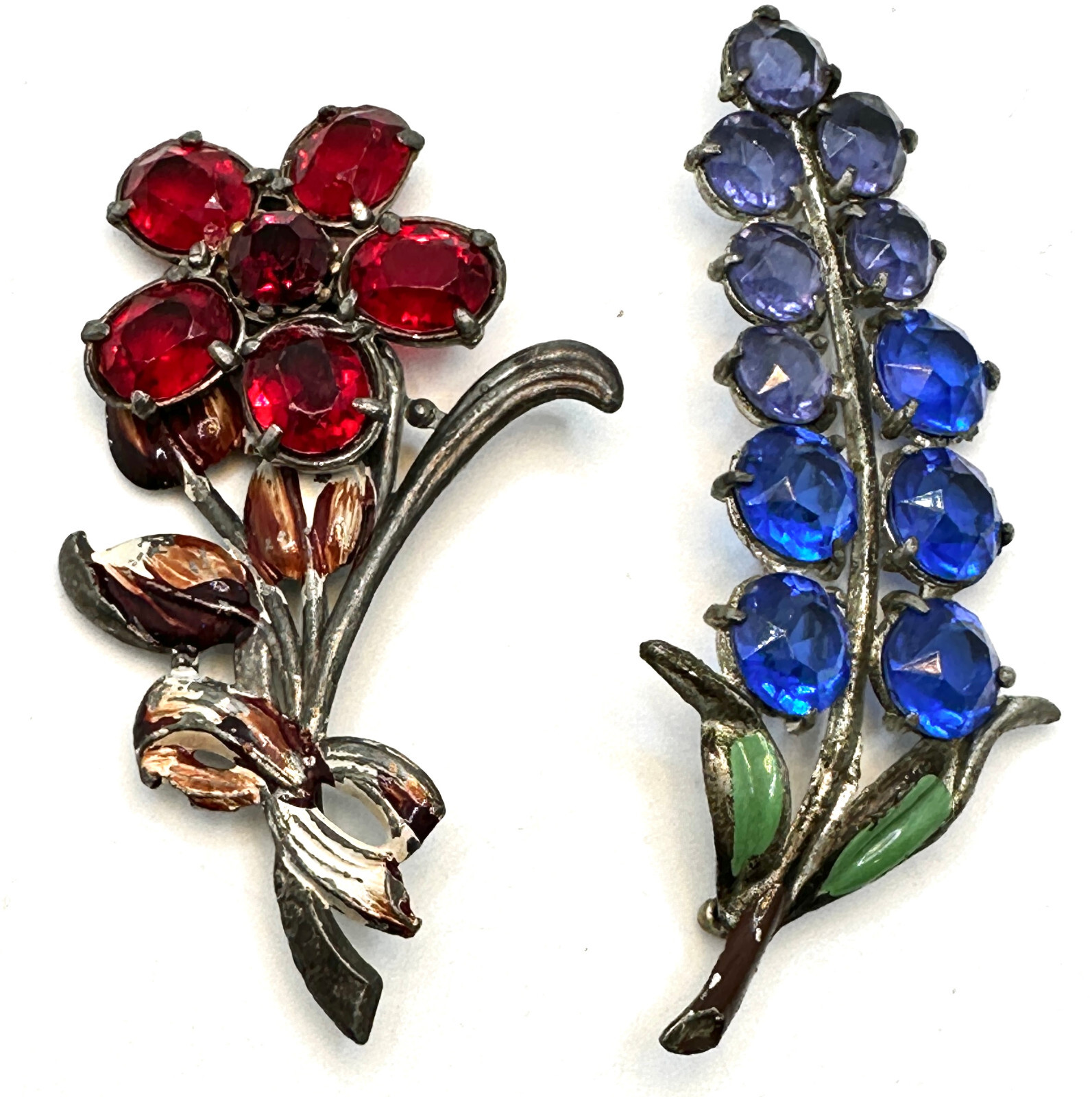 Lot 2 RARE Vtg 1930S 1940S CORO Unsigned Rhinestone Floral Enamel Brooches