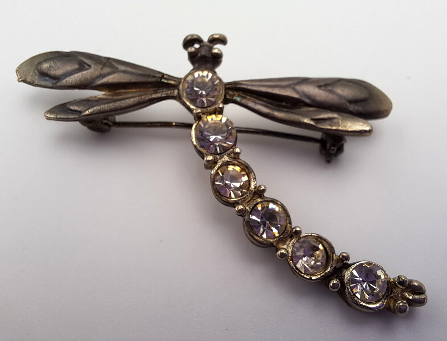 Vintage Dragonfly Brooch Pin Silver Metal Pewter Rhinestone Artisan Figural 3D