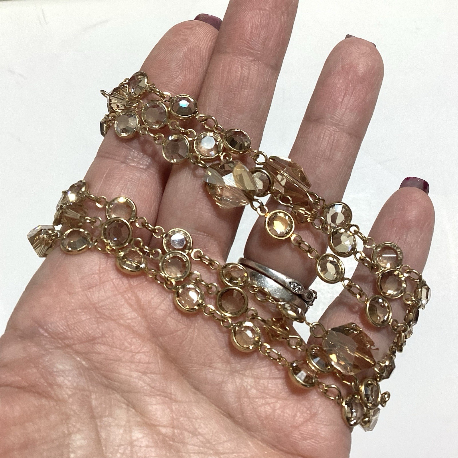 Austrian Crystal USA Signed GoldTone Bezel Champagne Multi-Strand Necklace 24.5”