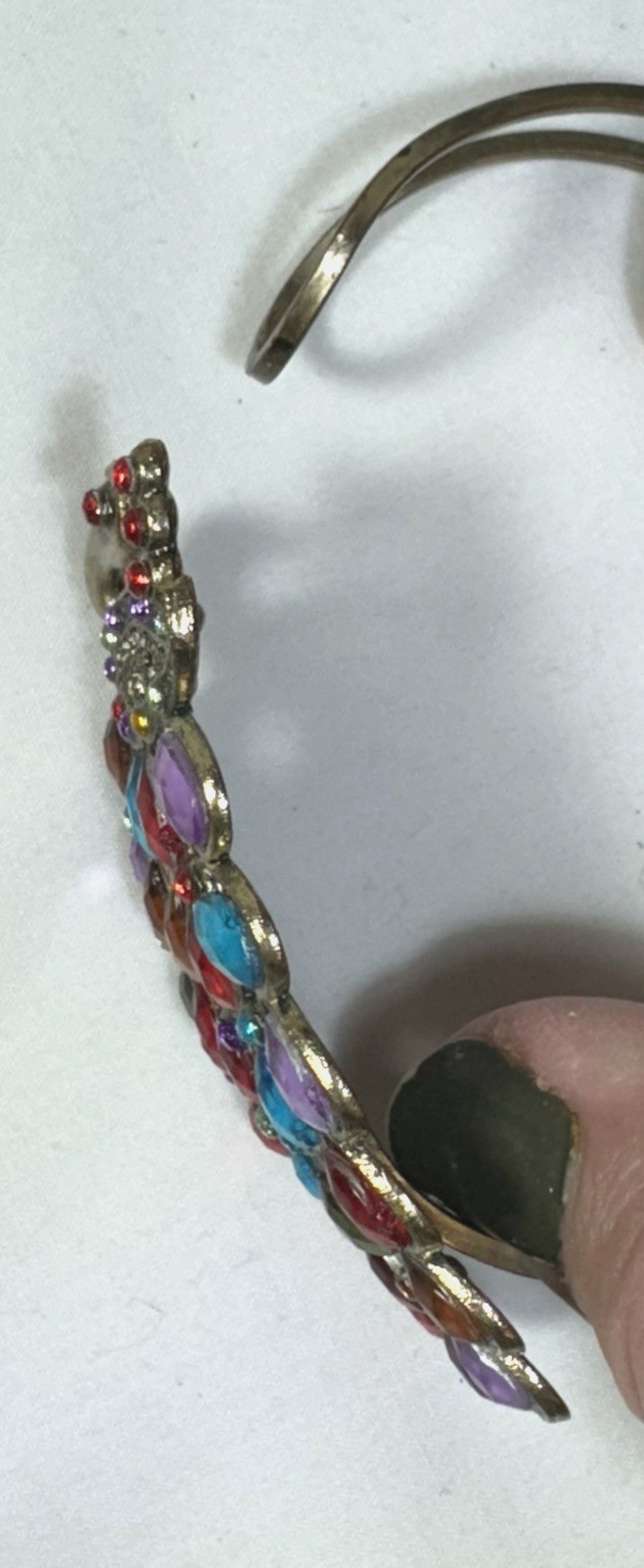 Vtg Colorful Rhinestone Peacock Cuff Bracelet Hinge Open Bird Bangle Gold Tone