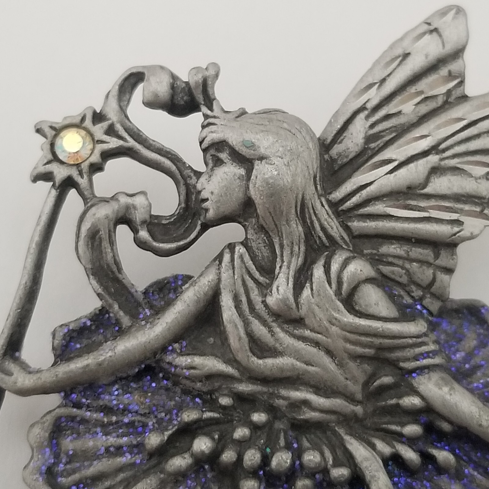 JJ Jonette Jewelry Pewter Fairy Purple Glitter Brooch Pin Fairytale Fantasy