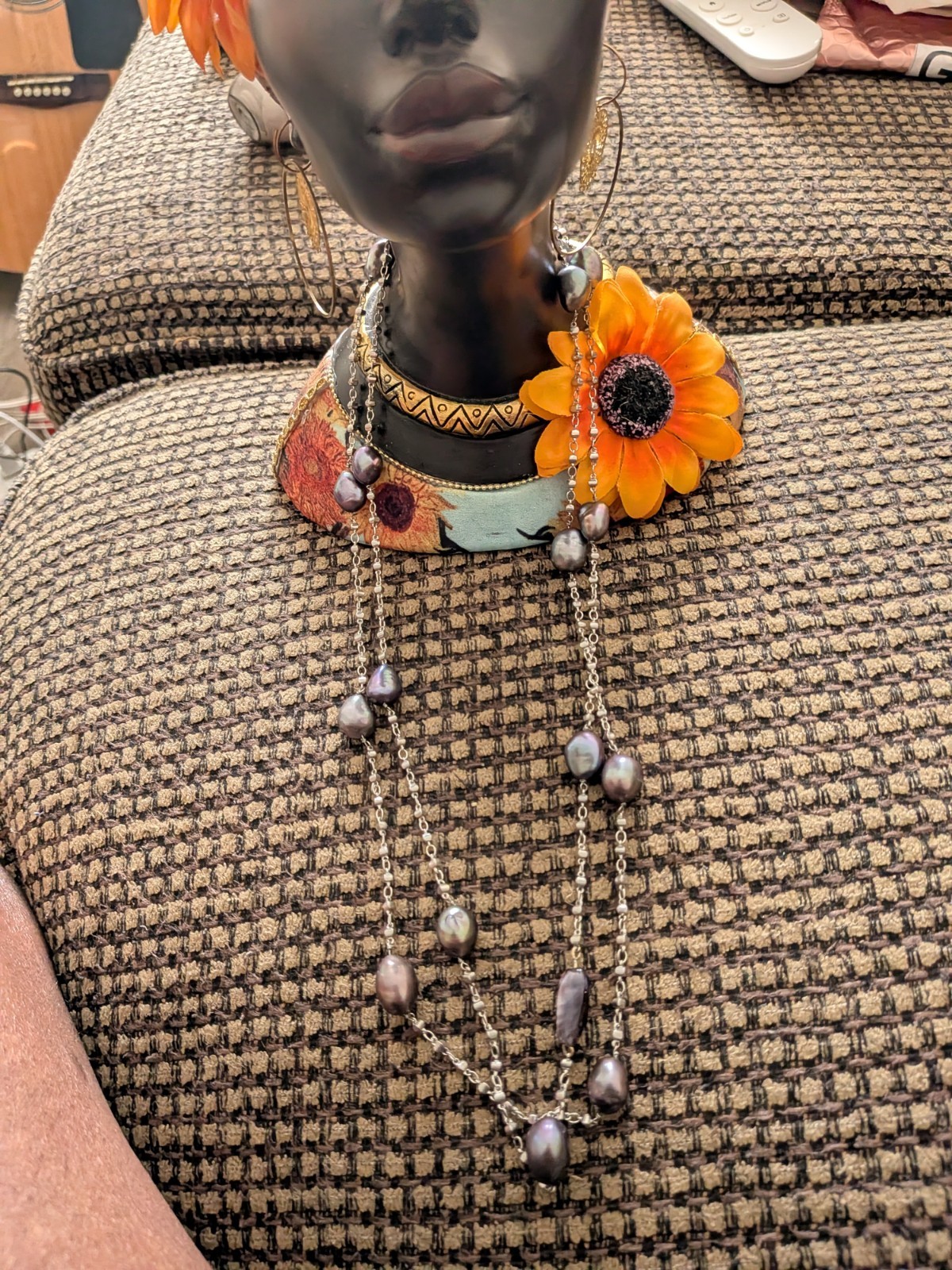 Long vintage black gray and white baroque natural pearl sterling silver necklace