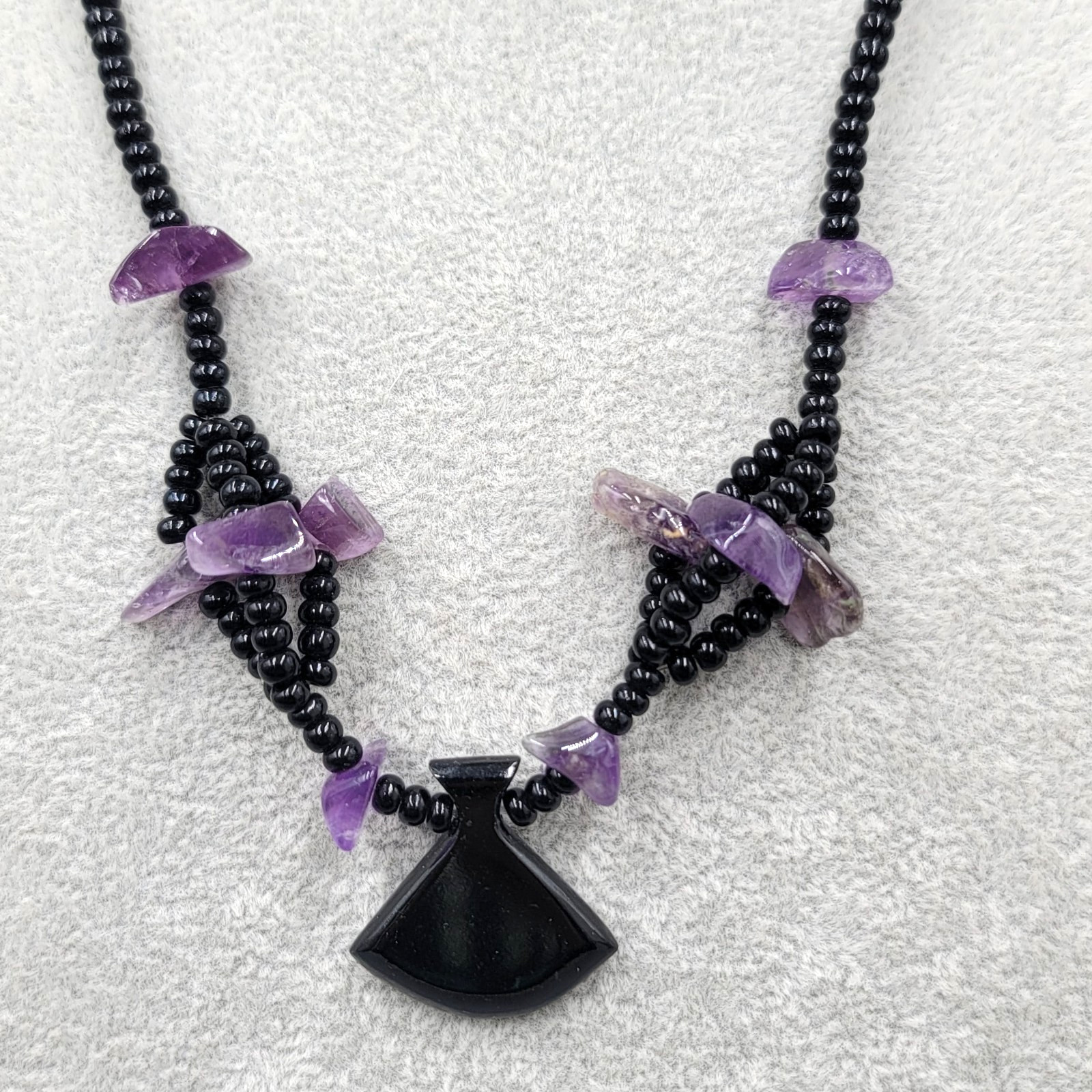 Vintage Amethyst Bead Necklace Black Seed Bead Barrel Clasp 20 in