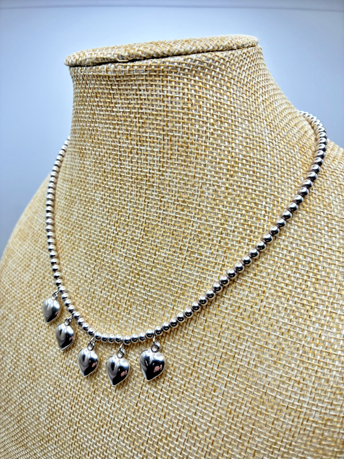 Vintage Italian 925 Silver Floating Bead Necklace with Five Puffy Dangle Hearts