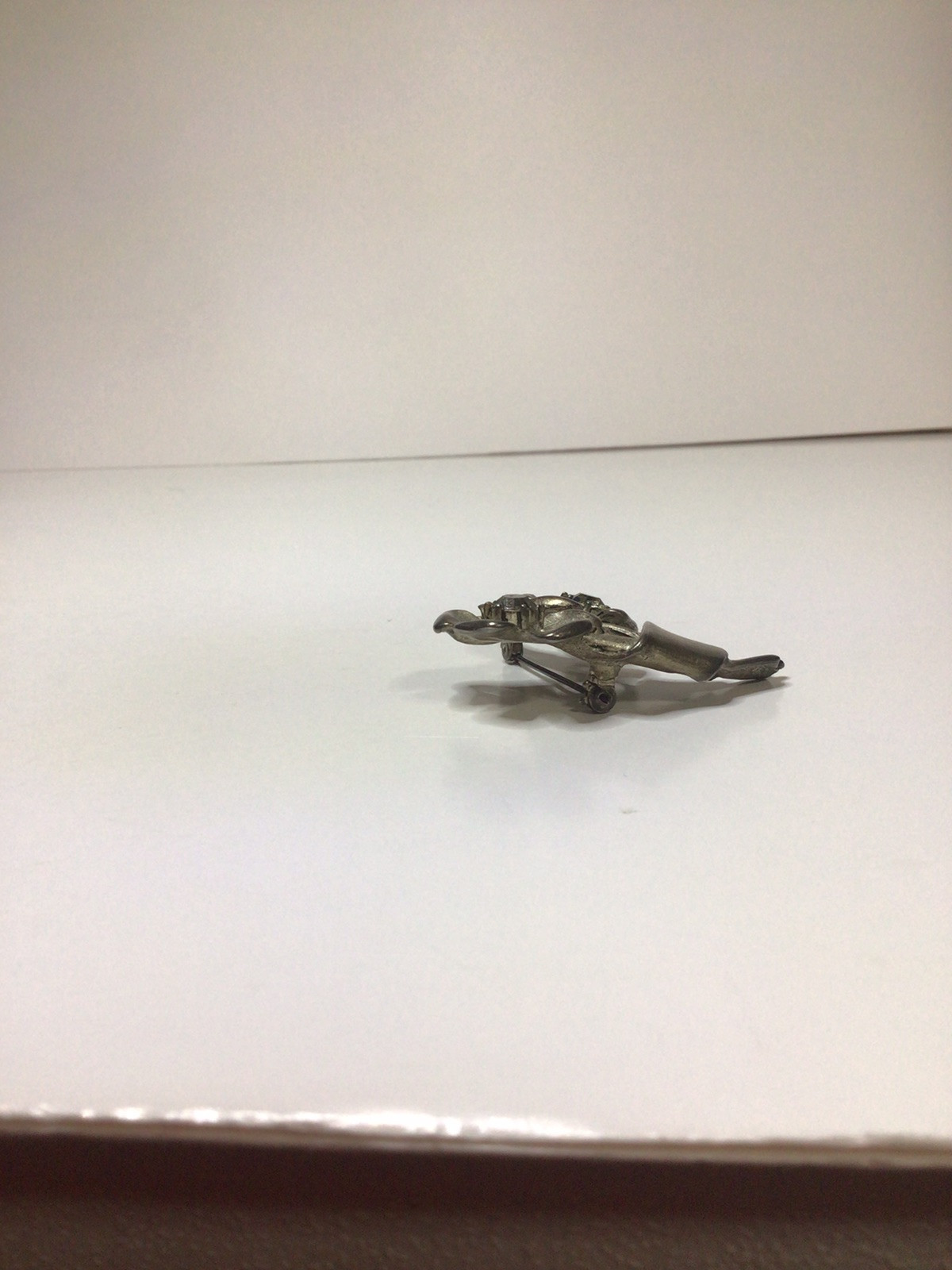 Pewter Flower With Clear Rhinestone Brooch Pin 2 Inches Long Vtg