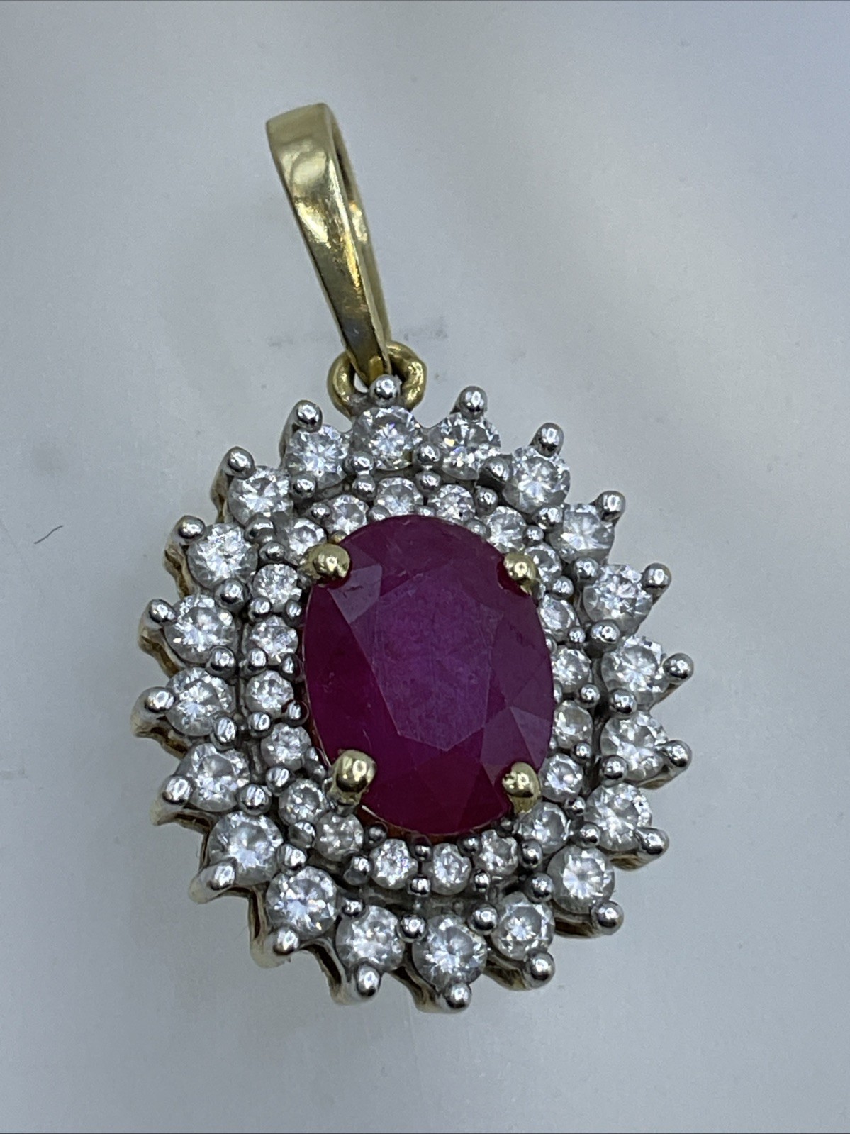 VINTAGE HANDMADE Solid 18K(750) Y.Gold Ruby & Diamonds DOUBLE HALO Style Pendant