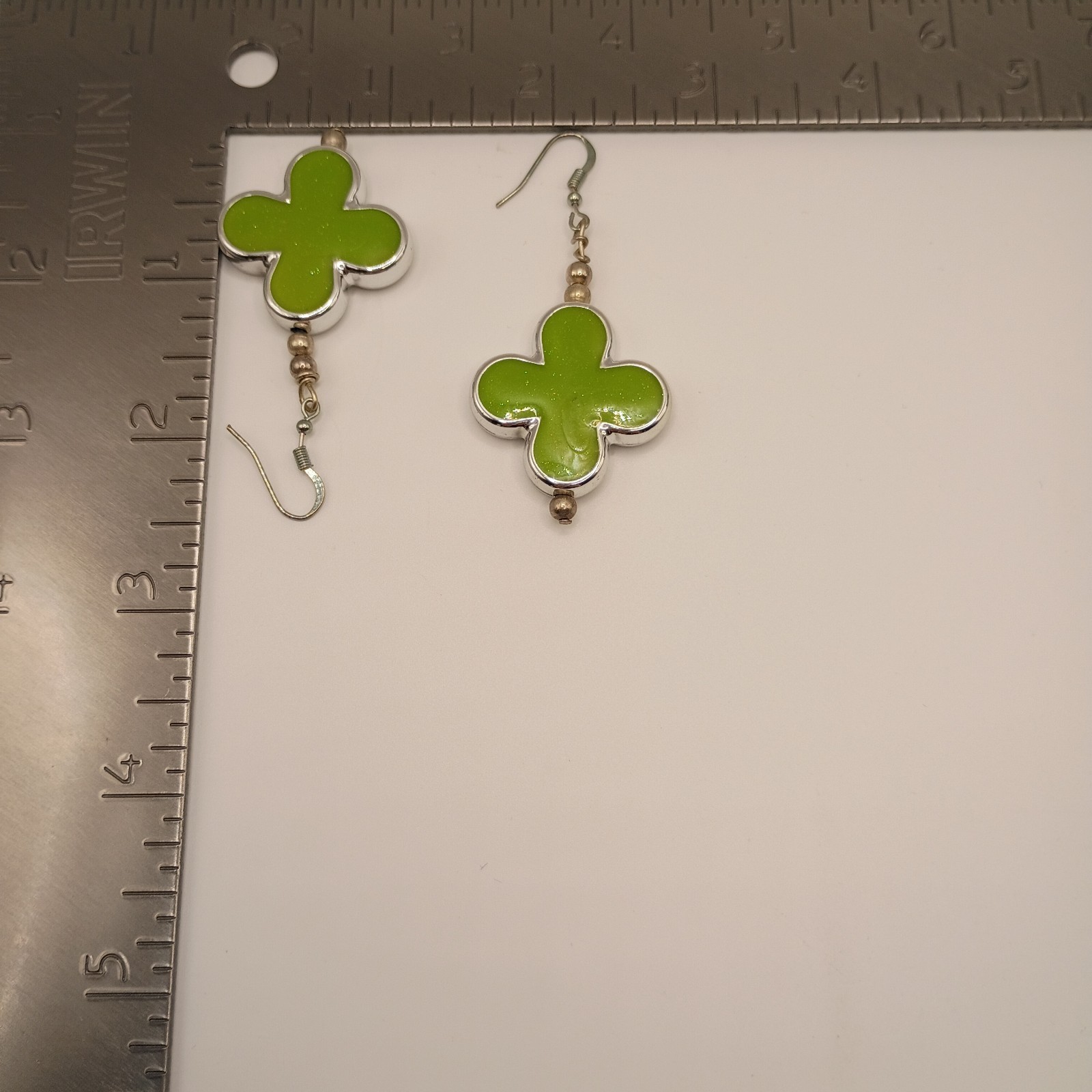 Vintage Retro Pop Art Lime Green Enamel Glitter Clover Dangle Earrings Silver