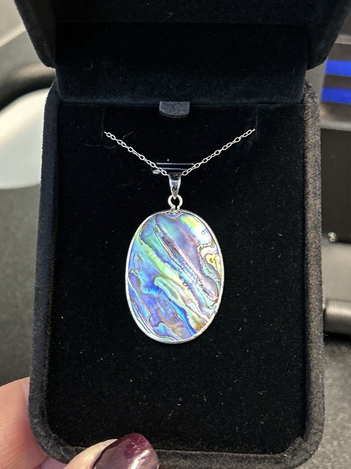Vintage Sterling Silver Abalone Shell Pendant Necklace 18” Oval Iridescent
