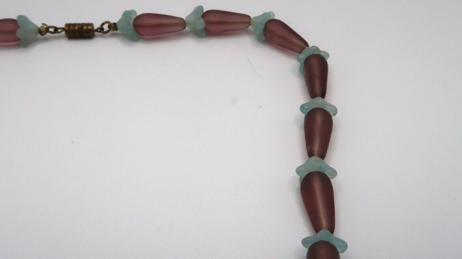 Antique Purple and Blue Glass Floral Bead Necklace Brass Clasp 17″ NB9