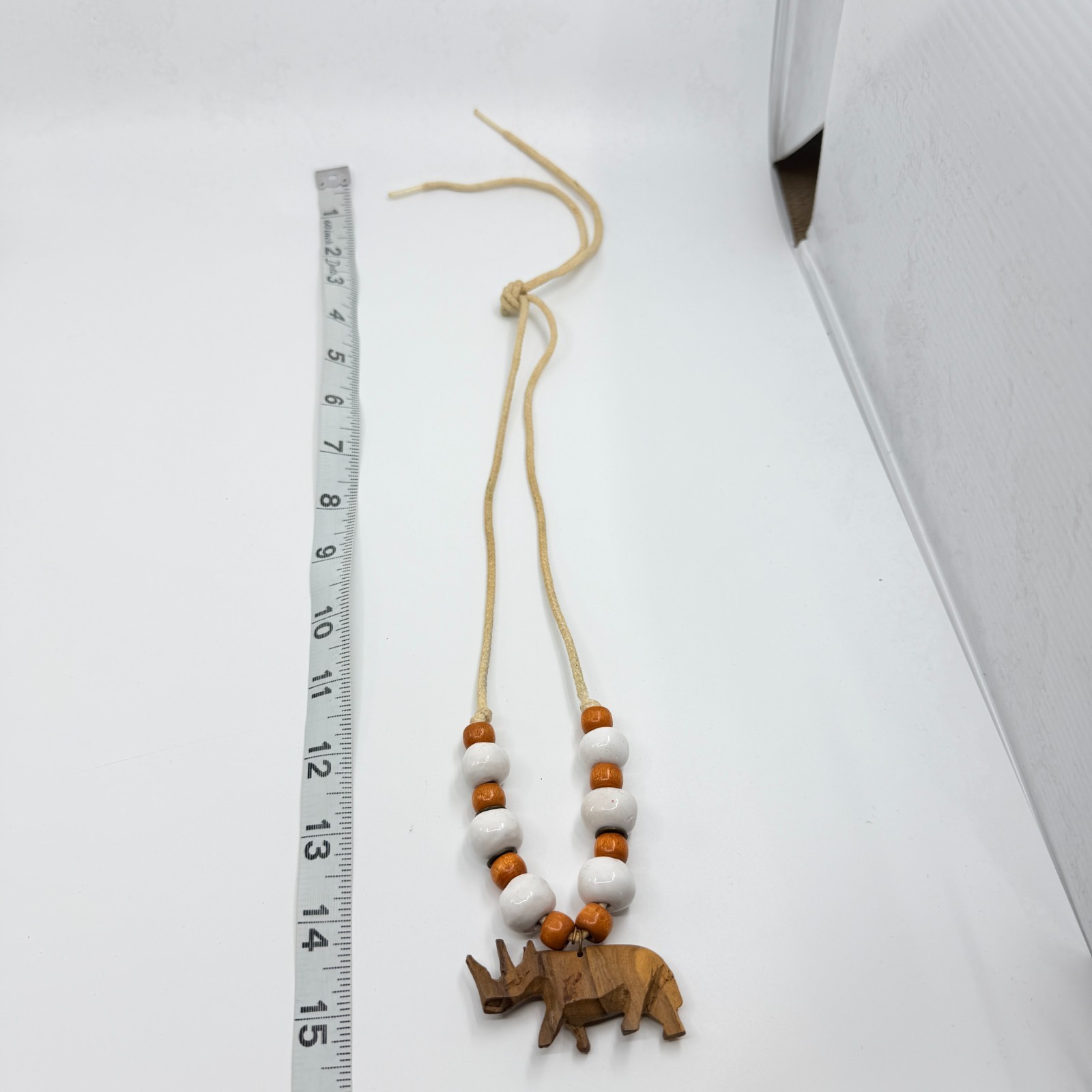 Vintage Carved Wood Rhinoceros Pendant Necklace Boho Ceramic Bead Cord 80s