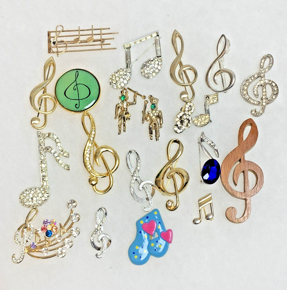 Vintage Musical Brooch Lot 21pc Treble Clef Notes Rhinestone Figural Gold Silver