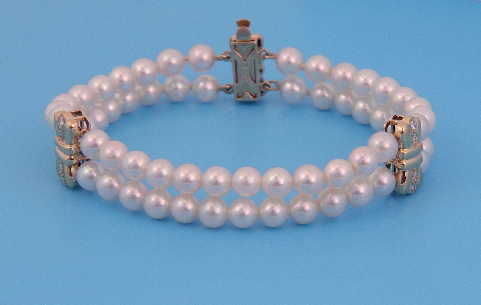 Mikimoto Pearl & Diamond 18k Yellow Gold Bow Motif Two Strand Bracelet