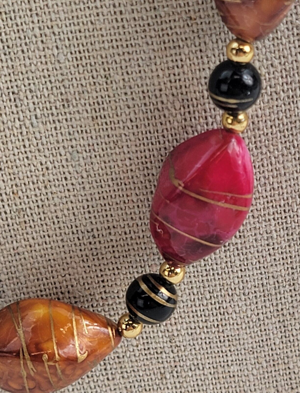 Vintage Colorful Twisted Plastic Bead Necklace Gold-Tone Detail 23.5 in