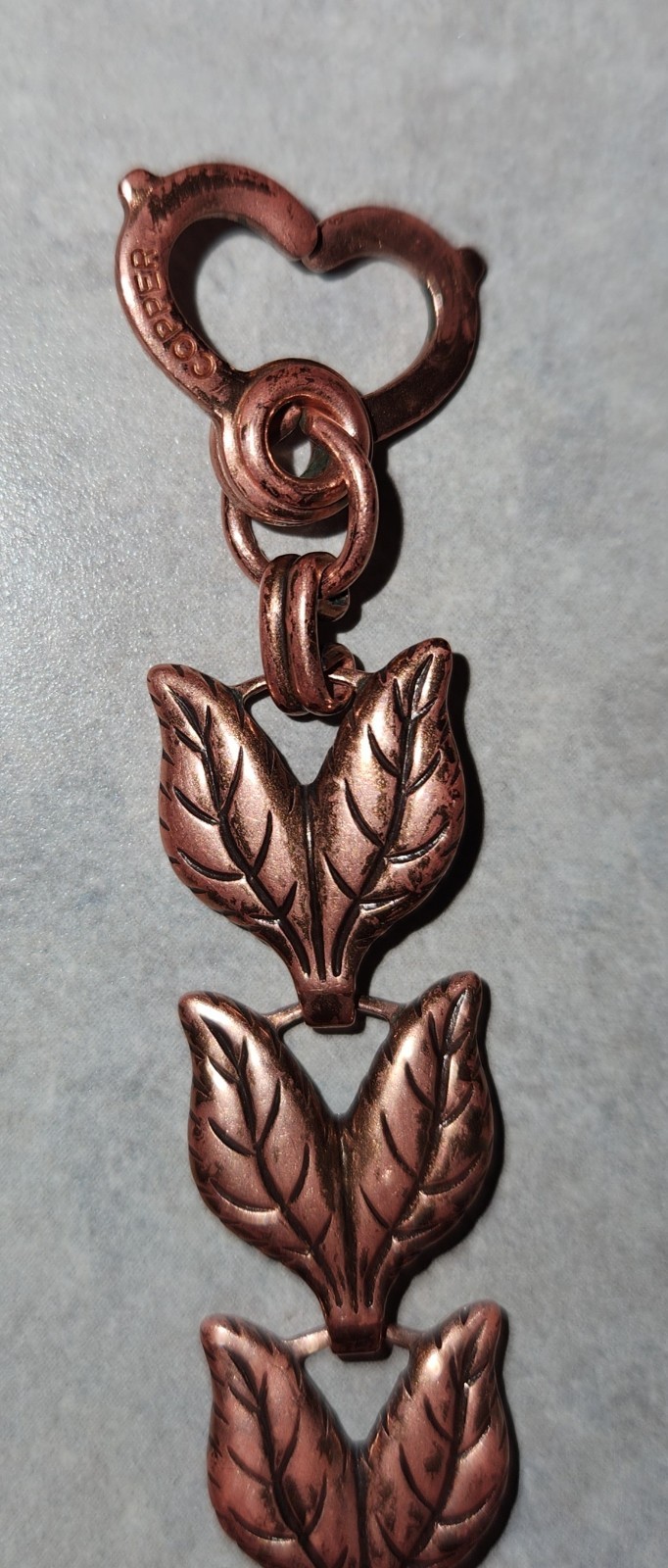Vtg Unmarked Stamped Copper Double Leaf 7″ Link Bracelet With Heart Sister Clasp