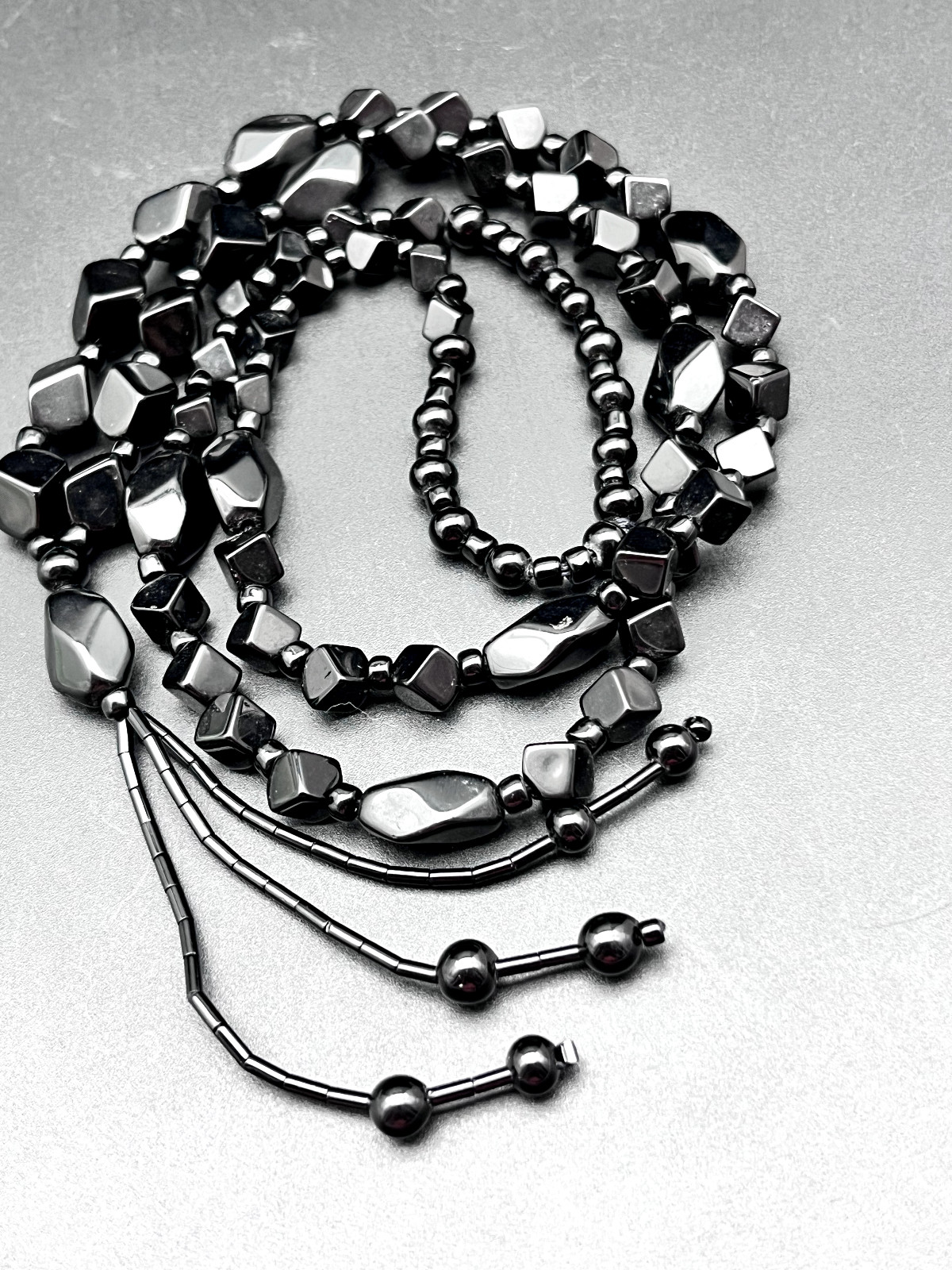 Vintage Long Cut Faceted Polished Black Glass Mourning Bead Tassel Necklace