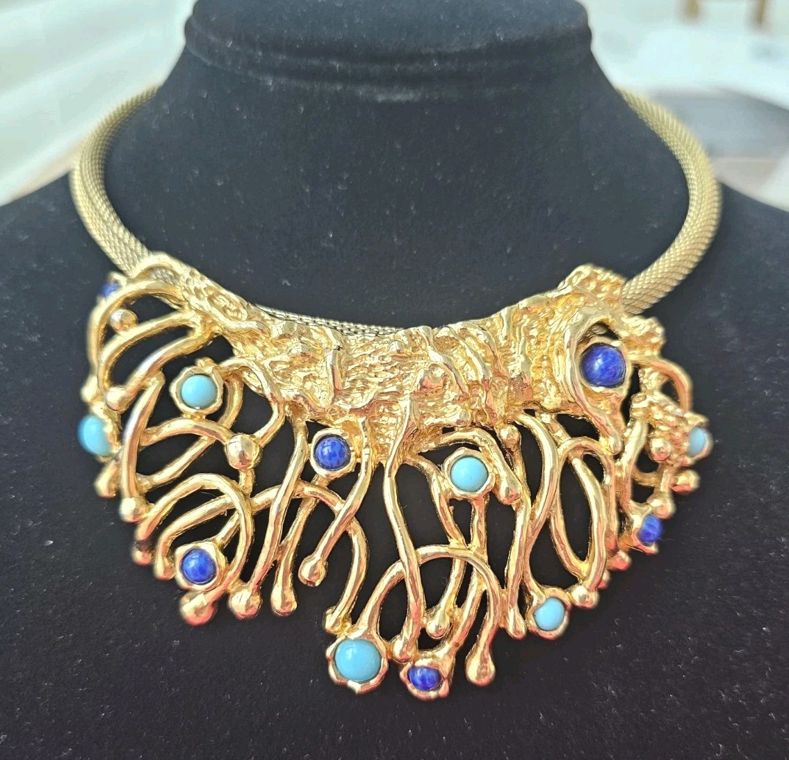 Signed PANETTA Gold tone Pendant Choker Faux Turquoise Lapis Cabochon Brutalist