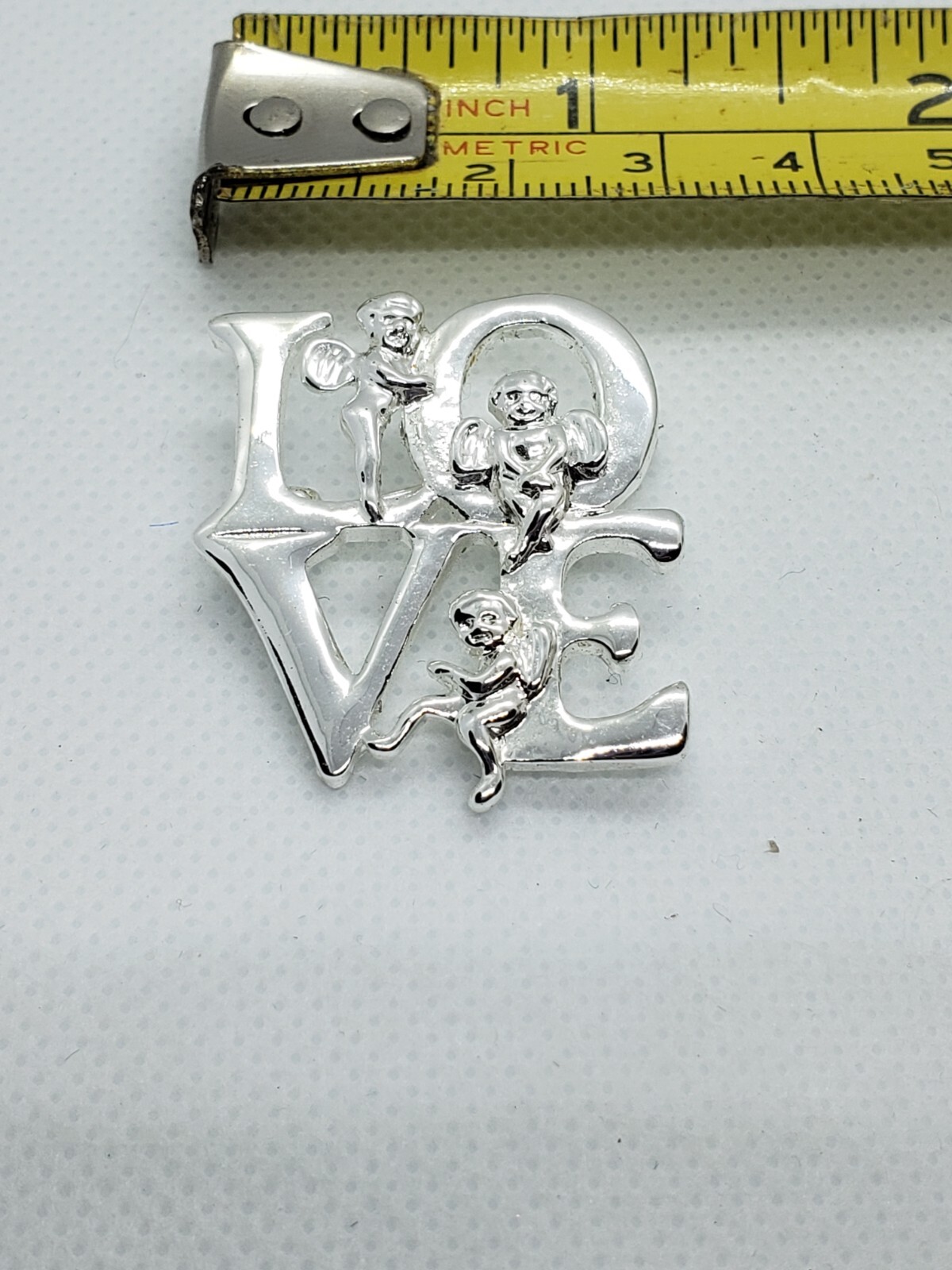 Vintage Silver Tone Love Brooch with 3 Angels
