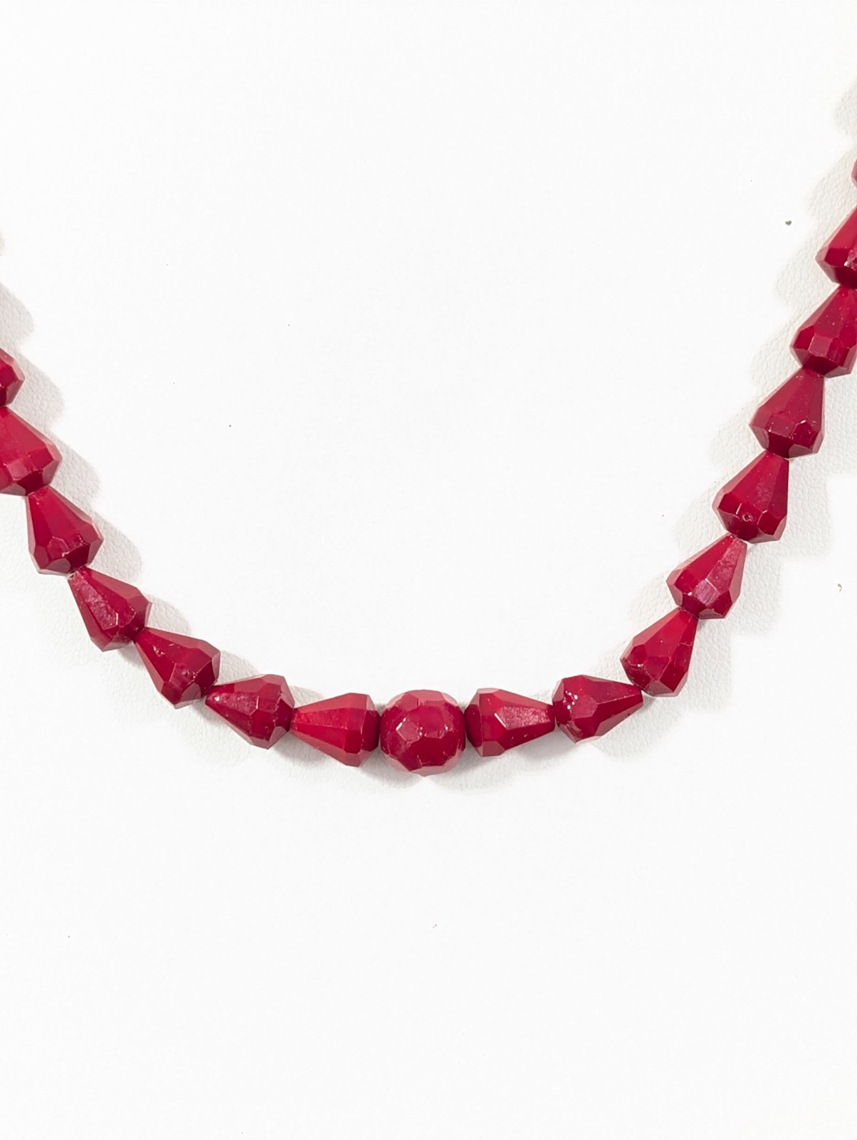 Vintage Bohemian Style Faceted Ruby Red Glass Bead Necklace Bicone 24″ MCM