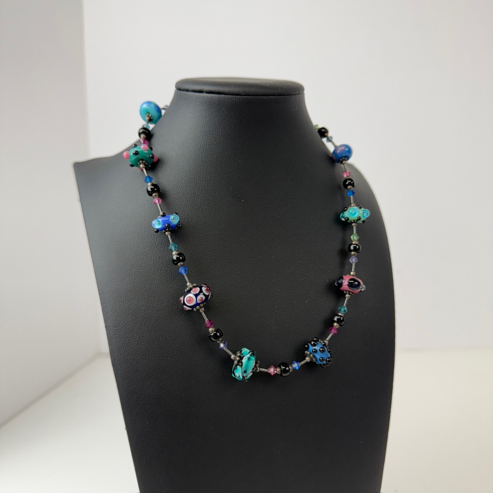 Vintage Art Lampwork Glass Swirl Beaded Necklace 925 Sterling Silver Polka Dot