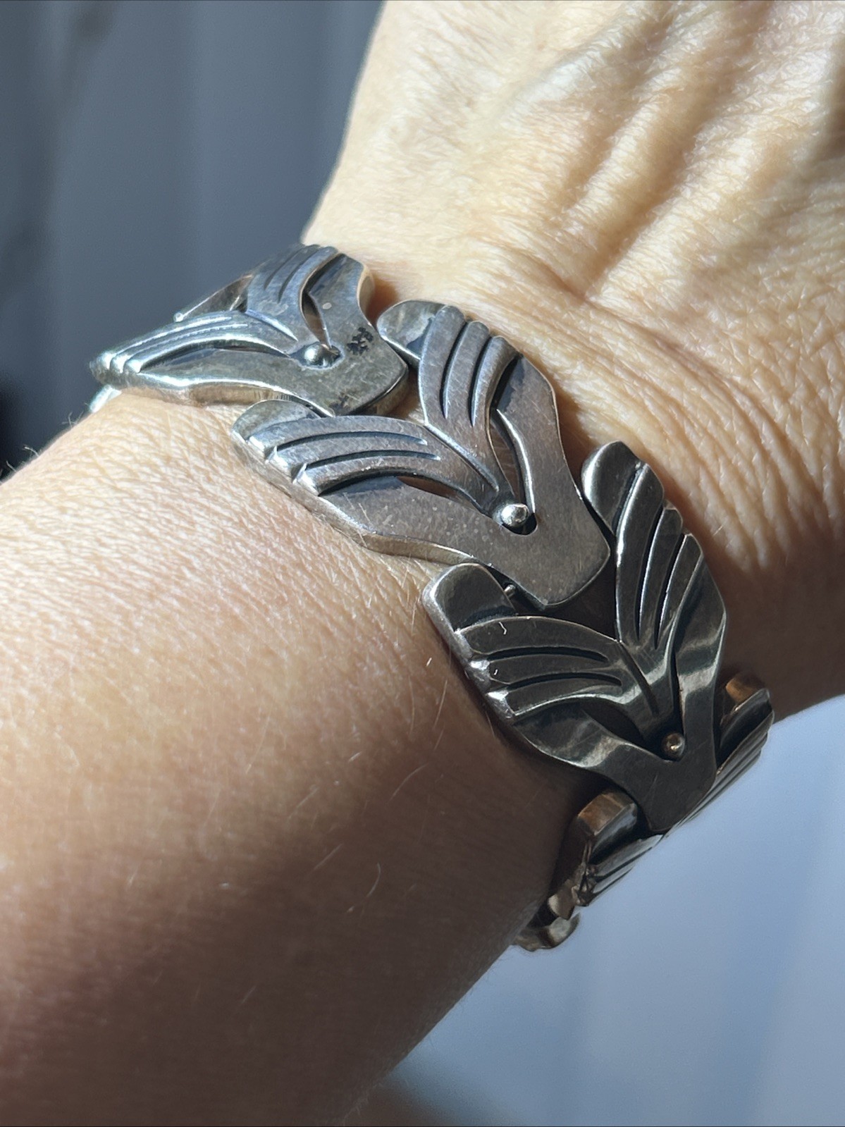 54. Vintage Maricela TAXCO 925 Sterling Linked Panel Bracelet 81.5g, 6 3/4″ Mex