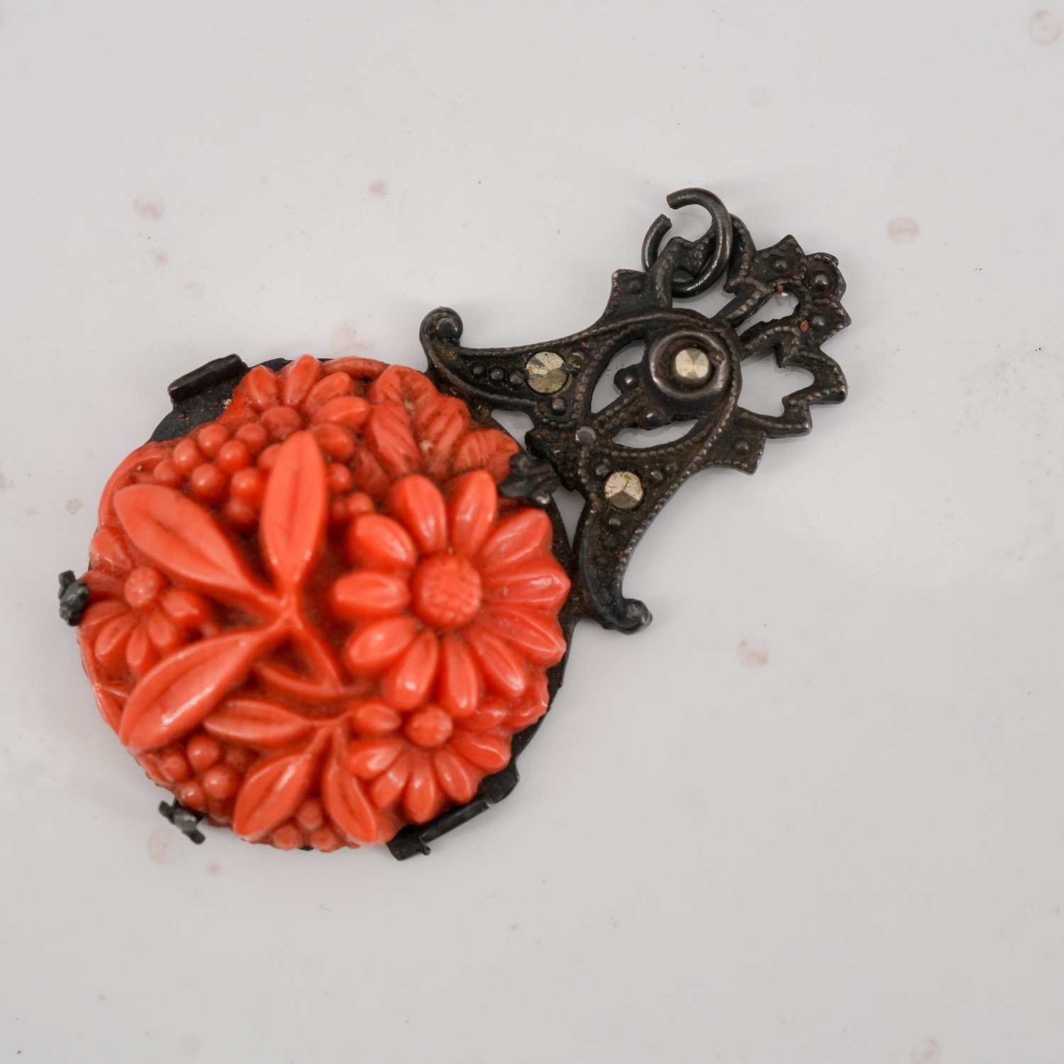 3.9g Czech Art Deco Coral Glass Floral Marcasite 925 Sterling Pendant 1.25in
