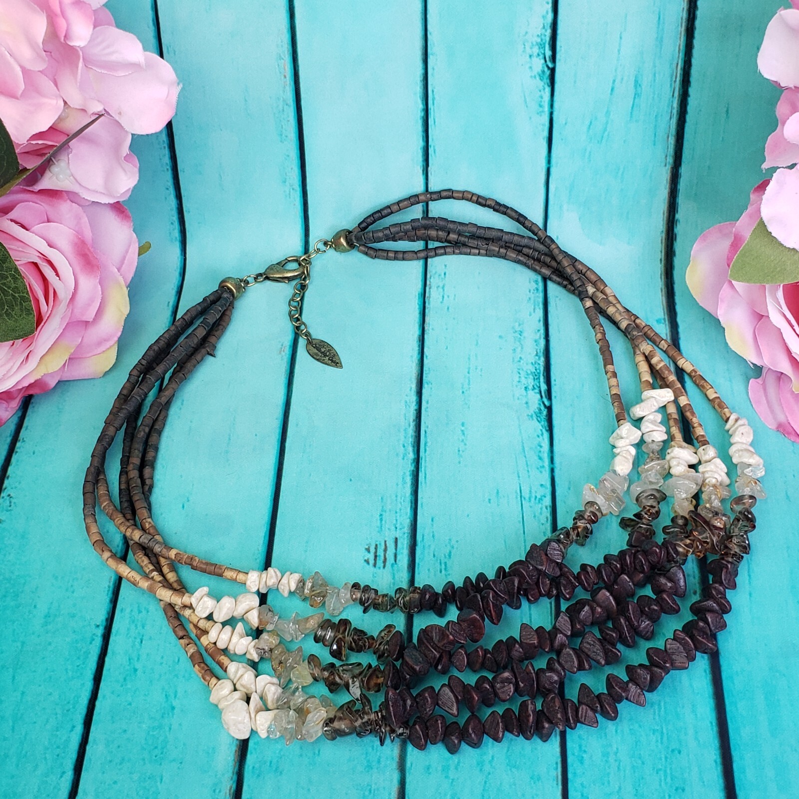 COLDWATER CREEK Quartz Stone & Wood Beaded Multi Strand Necklace Brown Boho