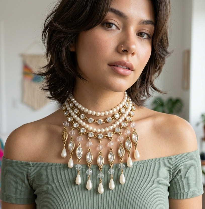 VINTAGE BEAUTIFUL PEARLS & CRYSTALS BEADED 4 LAYER NECKLACE LUXURIOUS