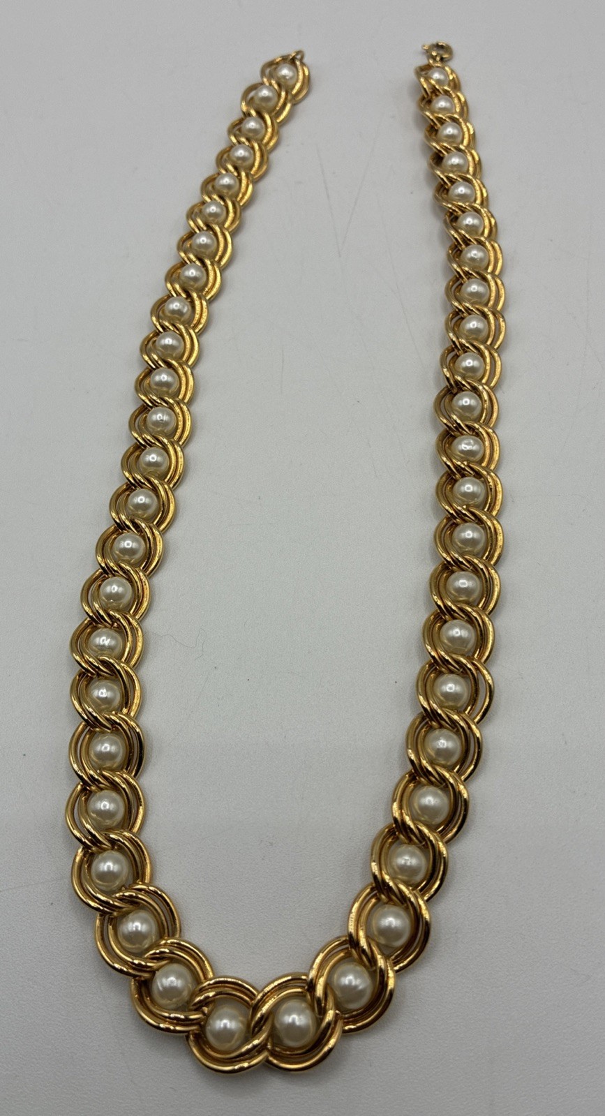 Vintage Double Gold Tone Chain Choker Necklace Faux Pearl Caged 18” Woven