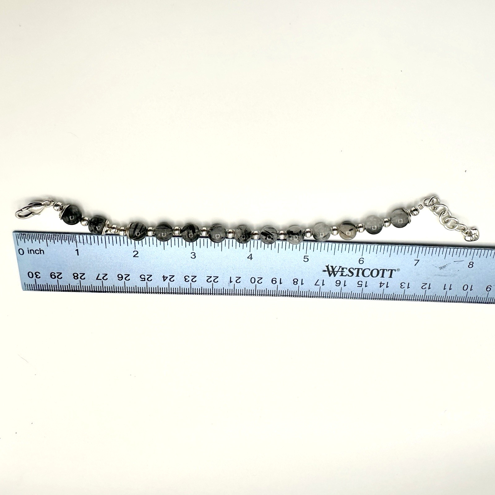 Vintage BRIGHTON Black Rutilated Quartz Beaded Bracelet Gray Marbled Silver Tone