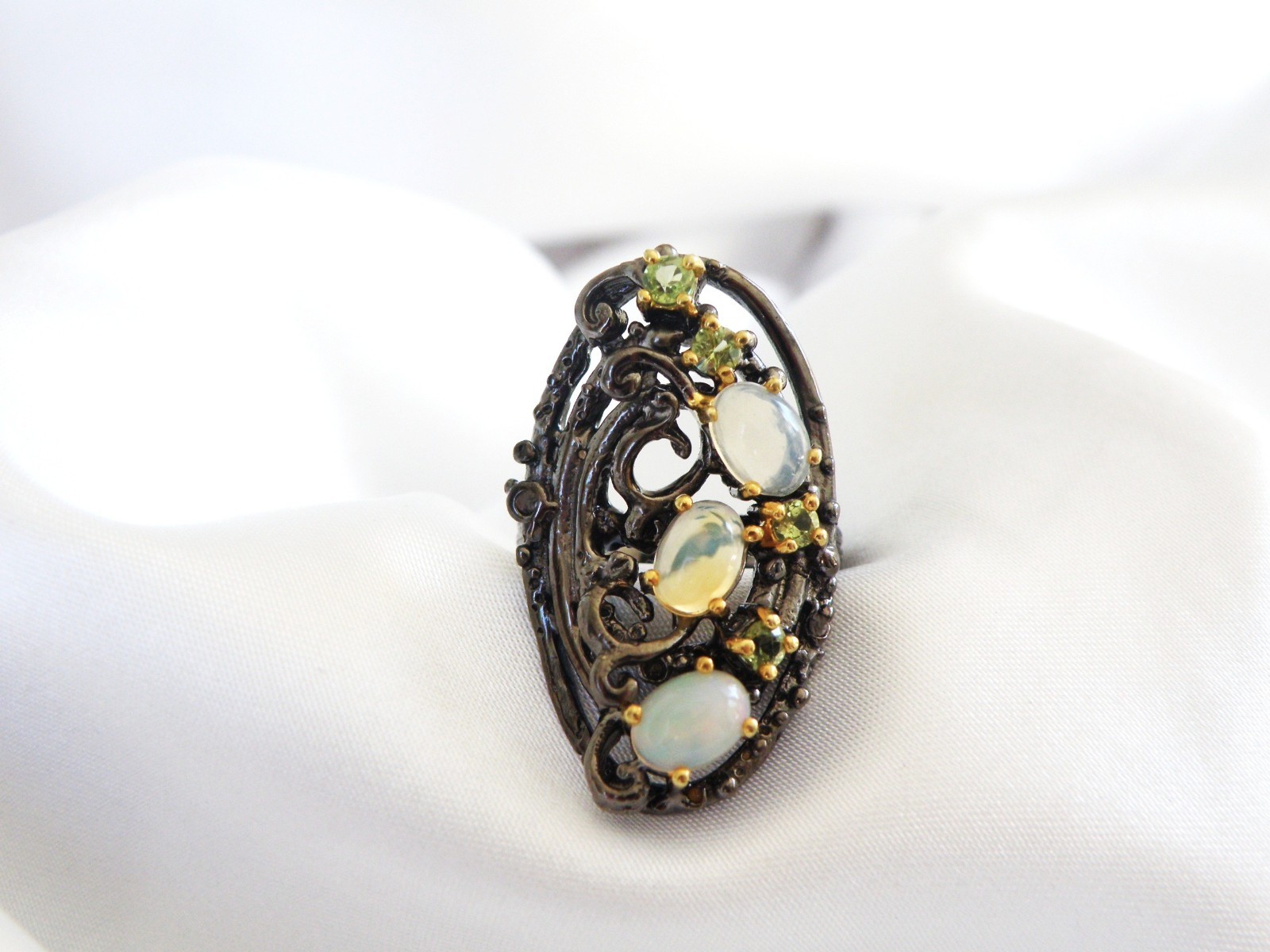 Brutalist Sterling Silver 925 Ethiopian Opal Peridot Modernist Ring Size 8