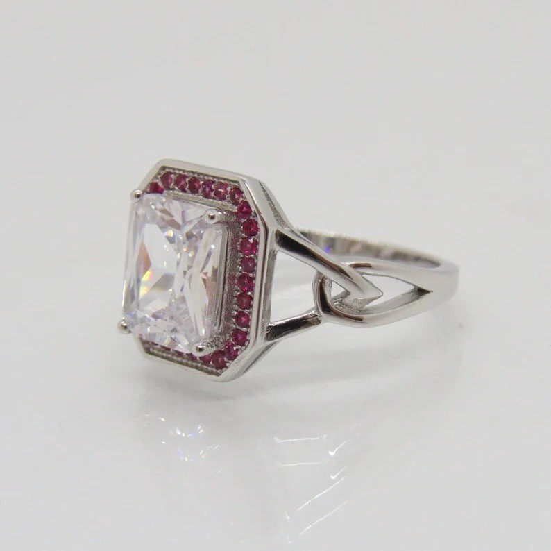 3.5 Ct Radiant Cut Ring Ruby Halo Sterling Silver Art Deco Unique Statement Gift