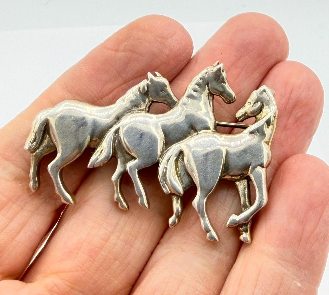 Vintage Sterling Silver Running Horses Pin by Artist Carol Felley