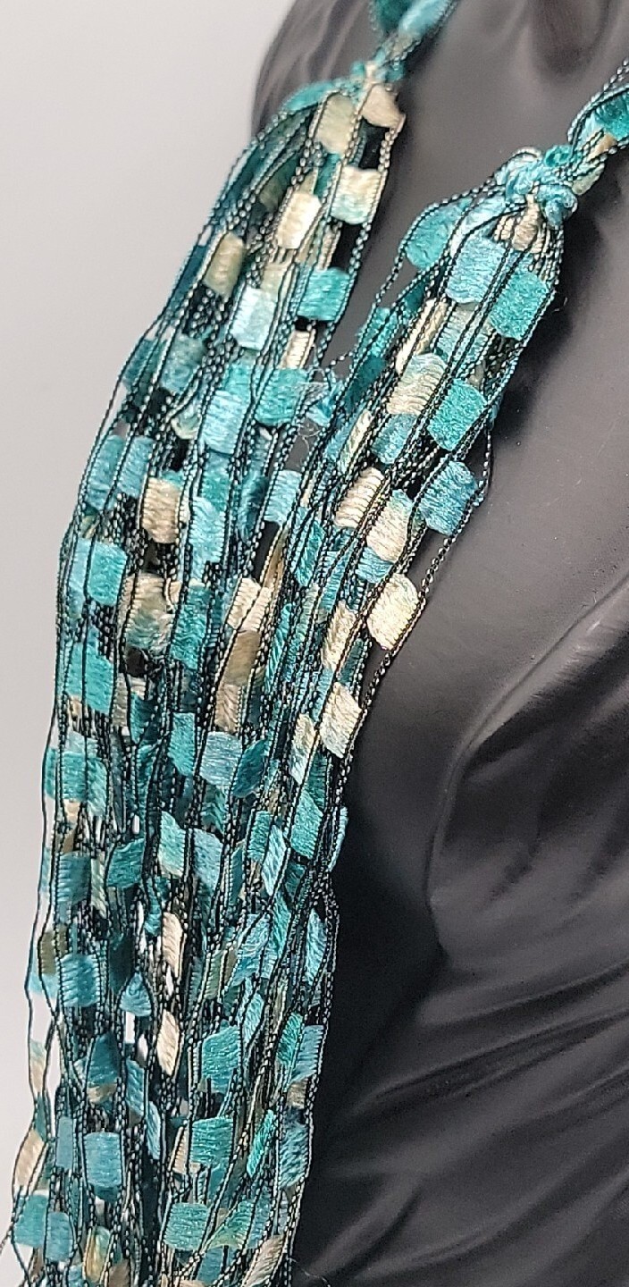 Scarf Ribbon Necklace Turquoise White Block Pattern 24″ Necklace VTG