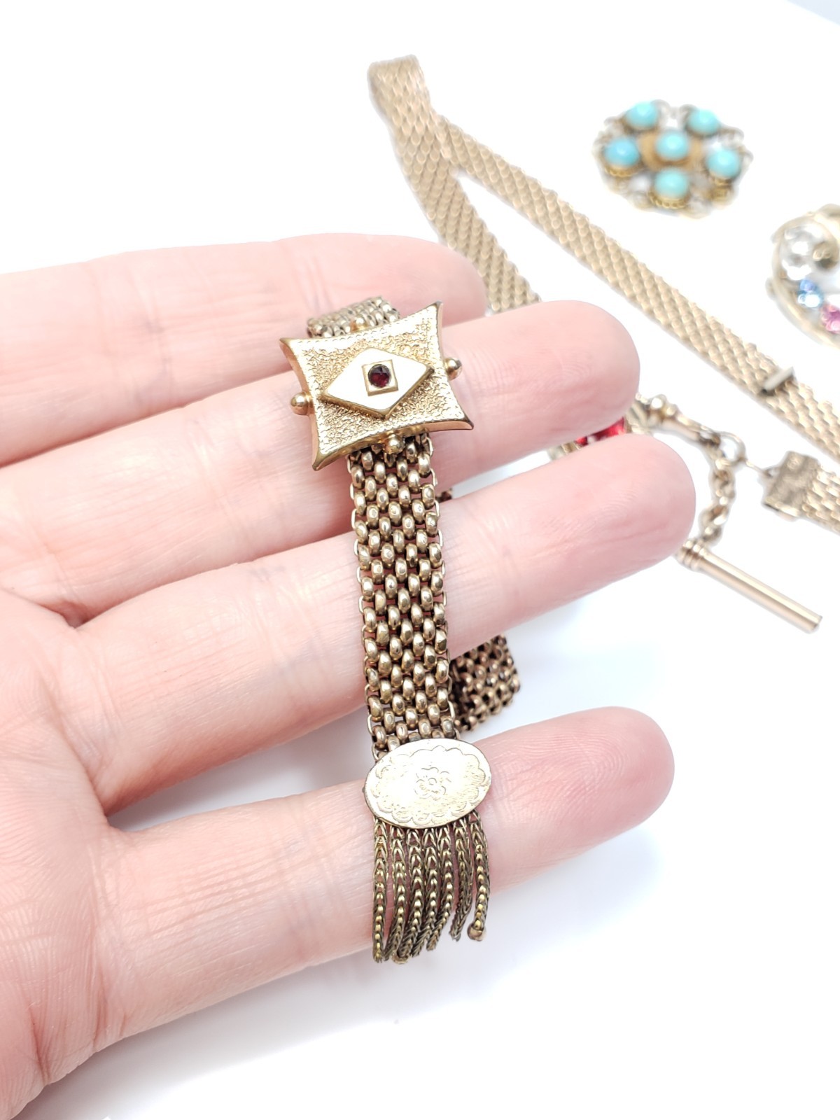 Antique Victorian Gold Filled Choker Watch Mesh Chain Necklace Bracelet Pin Lot