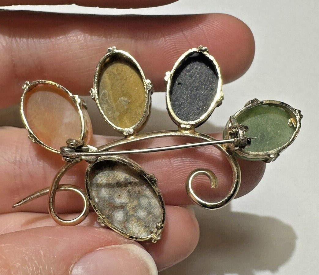 Vintag Carved Green Jade Blue Feldspar Carnelian Tigers Eye Scarab Branch Brooch