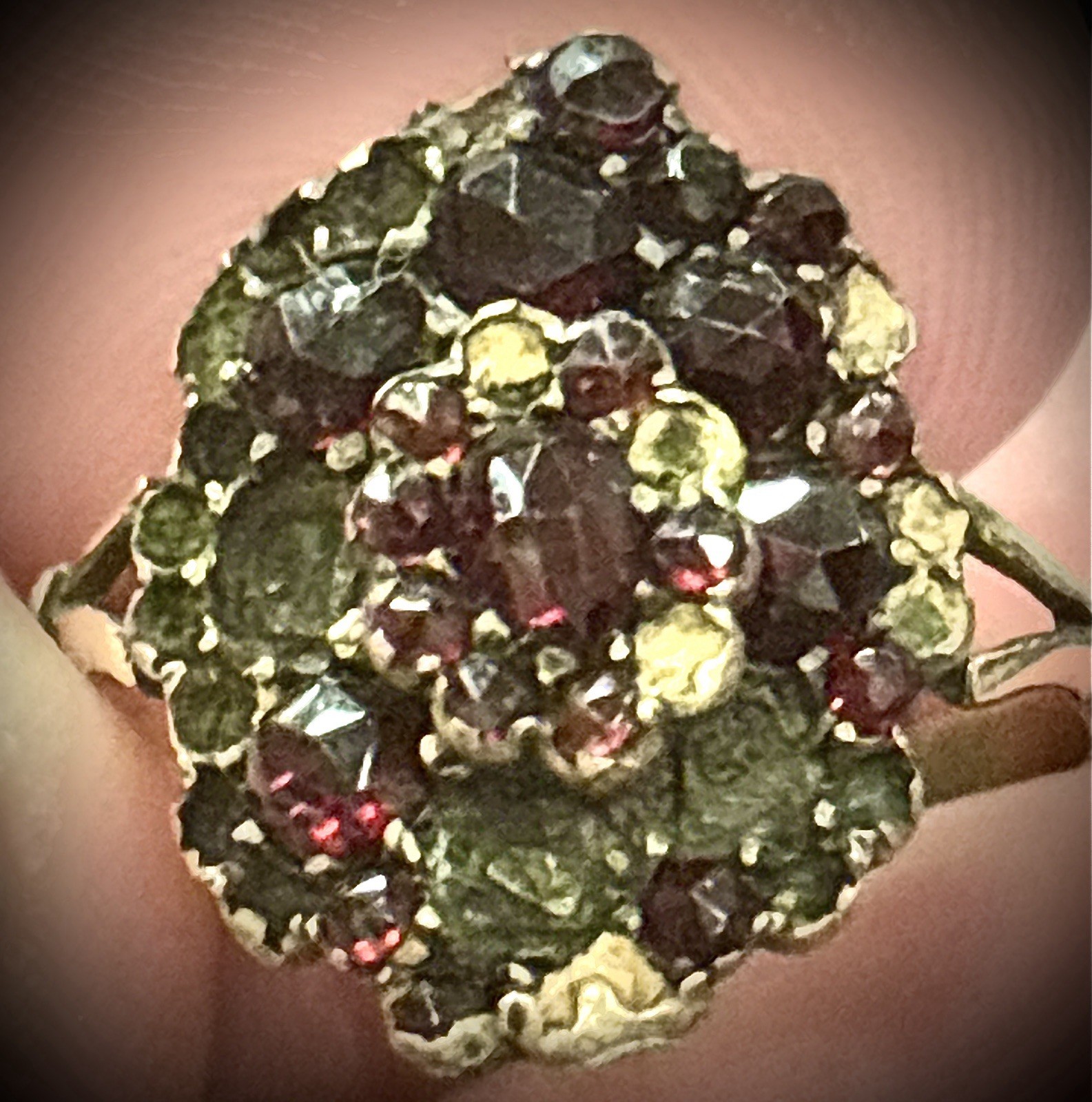 Antique Bohemian Garnet Cluster Ring Czechoslovakia Gold Genuine Garnets Estate