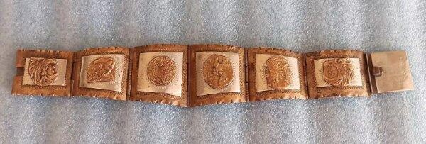 Vintage Mexico Sterling Silver Copper Panel Bracelet Mayan Calender Mixed Metal