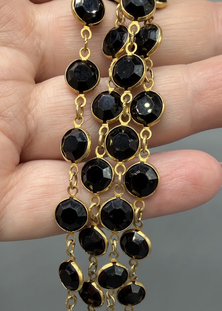 Swarovski Crystal Necklace Bezel Set Black Faceted Crystals Long Gold Tone 35”